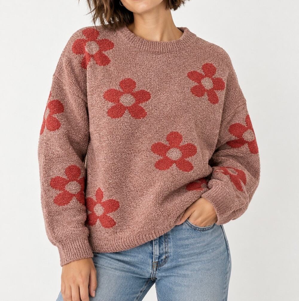 Altar'd State Pink Boucle Knit Sweater with Red Floral Pattern Size Small